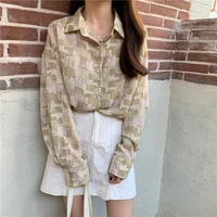 retro print geometric patterns long sleeve tutn down collar button loose sweet womens clothing korean style summer tops blouse