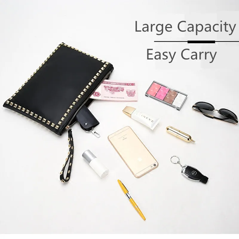 hisuely hot sale fashion women clutch handbag pu leather clutch bag rivets brand design retro lady envelop bag bolsa feminina sa free global shipping