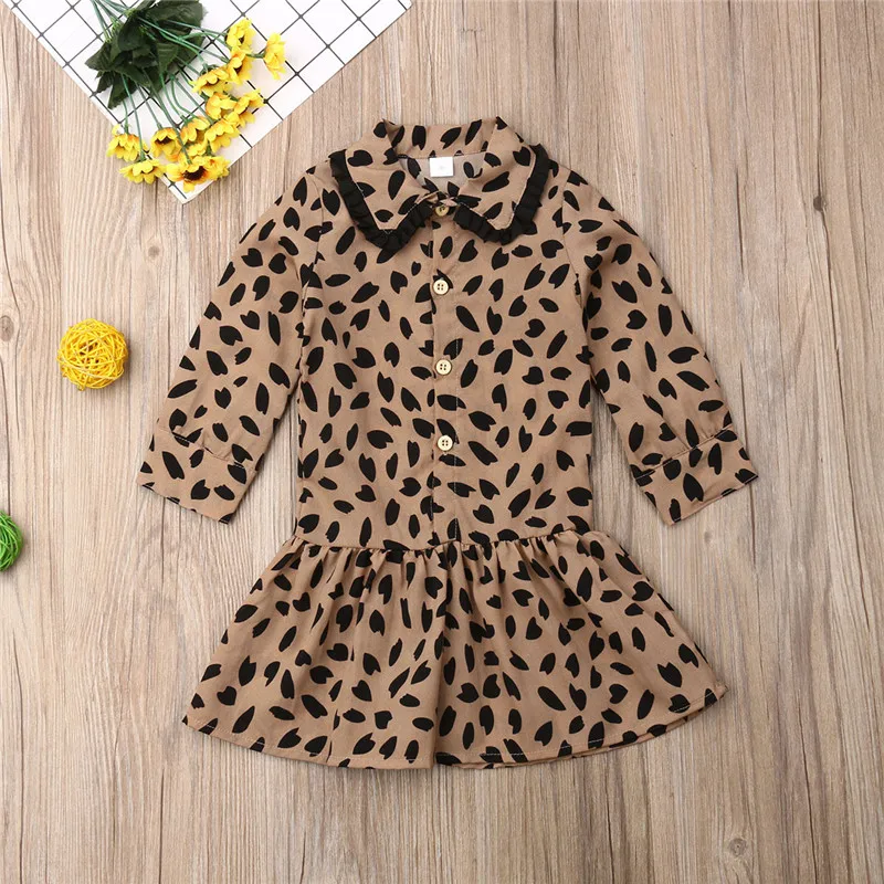 1-6years Bohemia Style Leopard Shirt Dresses For Girls Fashion Clothes Long Sleeve Brown Dress Clothing Kids | Детская одежда и