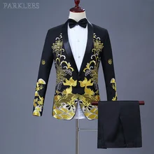 Costume de Luxe Noir Brodé Or pour Hommes, Tenue de Mariage, Smoking à Col Châle, Veste + Pantalon, Vêtements de Chanteur de Scène  (4)