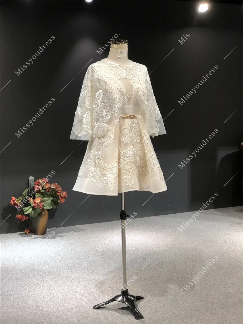 2021 вечерние платья 100% Real Pictures Champage Heavy Beading Cap Sleeves Short Length Prom Party Bridal Dancing Evening Dress