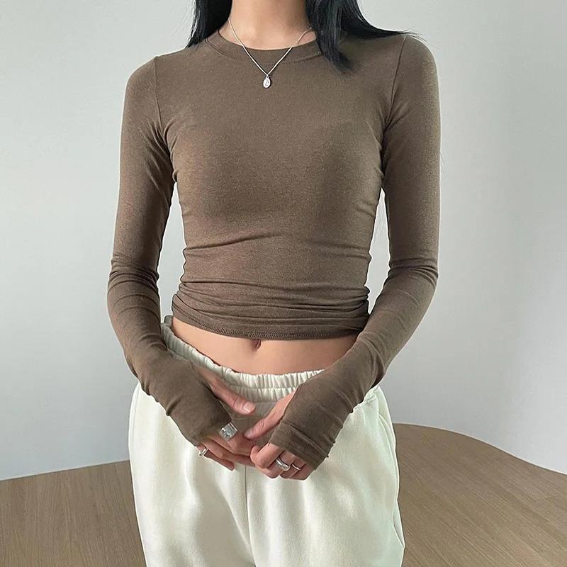 

Retro Tshirts Solid Clolor Women Streetwear Cropped Tops Long Sleeve O-neck Tee Shirt Y2k T-shirt Vintage Harajuku Cotton