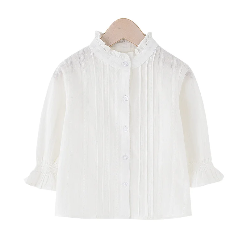 Белая школьная рубашка для девочек с длинным рукавом блузка круглым вырезом топы