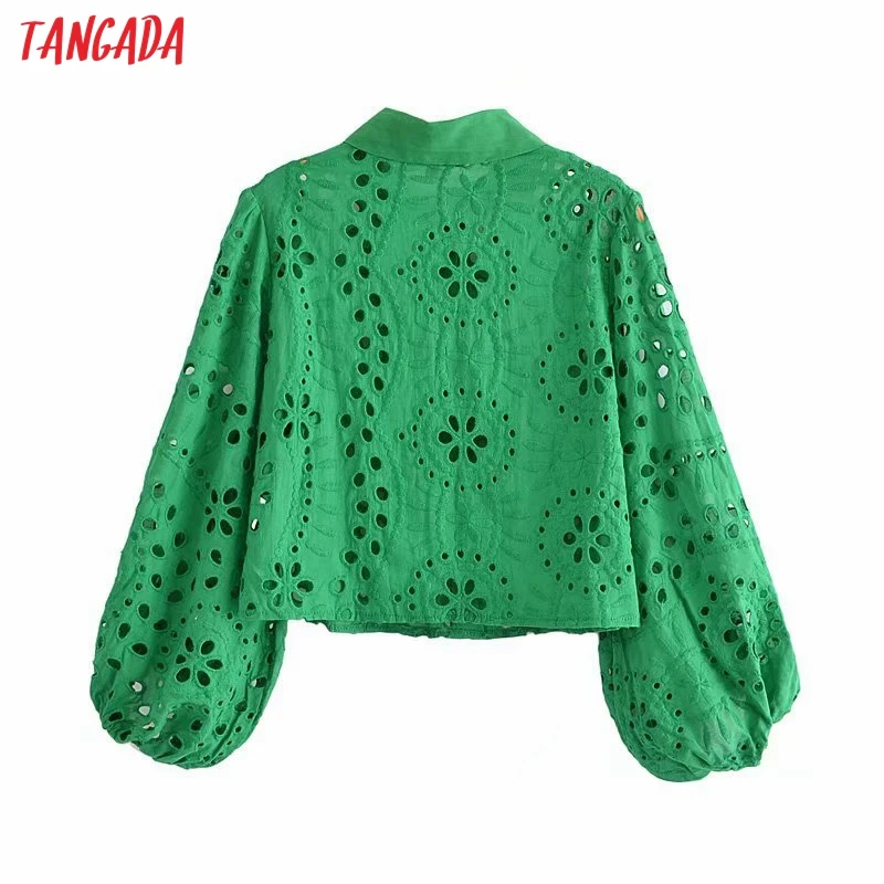 

Tangada Women Retro Green Embroidery Romantic Blouse Shirt Puff Long Sleeve 2021 Chic Female Shirt Tops 3H173