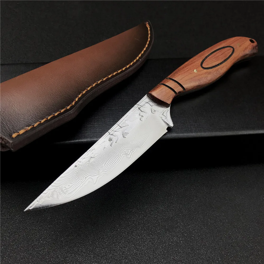 

Handmade Forged Outdoor Damascus Steel Knife Wooden Handle Outdoor Hunting Knife High Hardness Forging Straight Blade Knife