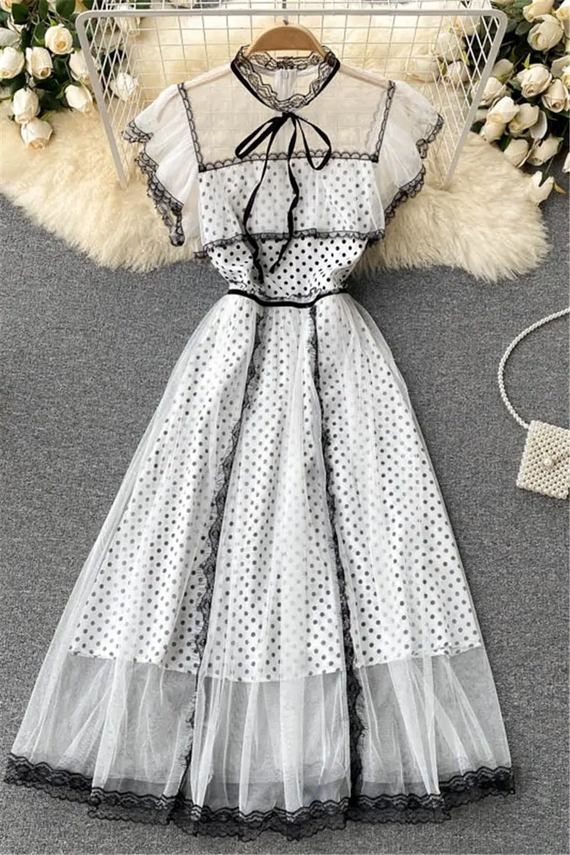 

Palace Style Women's Summer Dress Perspective Mesh Ruffled Slim Mid-Length Lace Dress Dot Printed Elegant Femme Robes zh1502