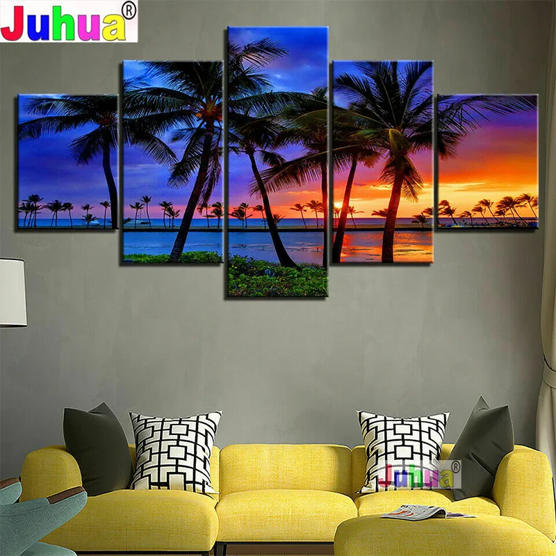 

5 панельных пальмовых деревьев, пейзаж морского заката, 5d алмазная живопись «сделай сам», алмазная вышивка на весь дисплей, квадратная Круглая Мозаика