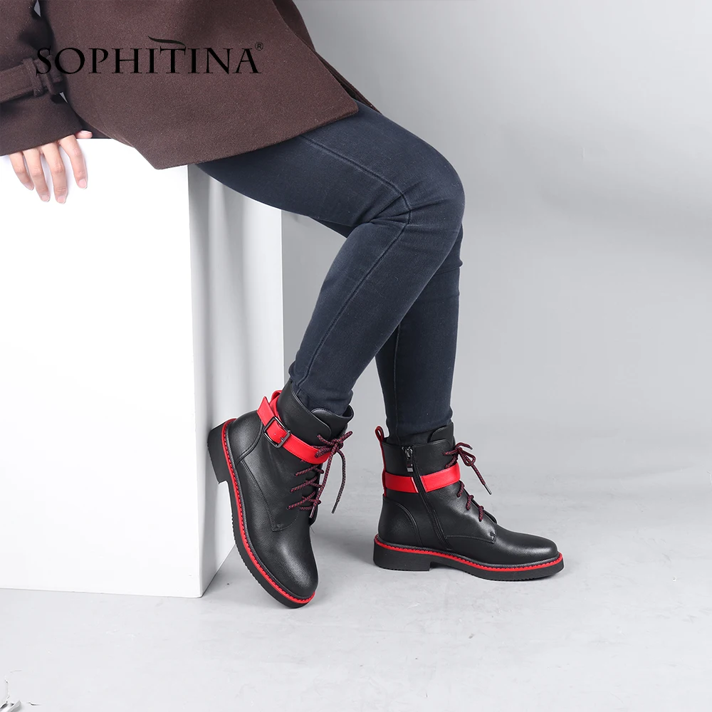 Beli SOPHITINA Fashion Pita Merah Sepatu Kulit Sapi Berkualitas Tinggi Gesper Renda Round Toe Wanita Sepatu Baru Buatan Tangan Semata Kaki SC659