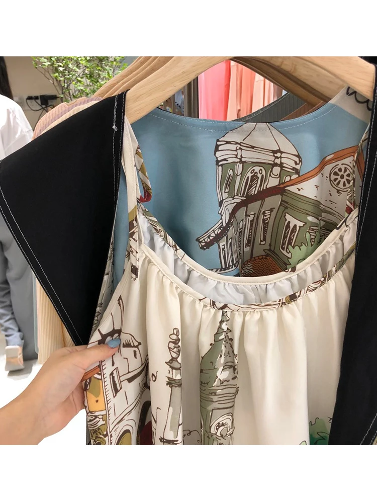 

Contrast color lapel sling retro 3D printing loose sling women's summer dress two-piece suit 2020ladies summer new fashion dress