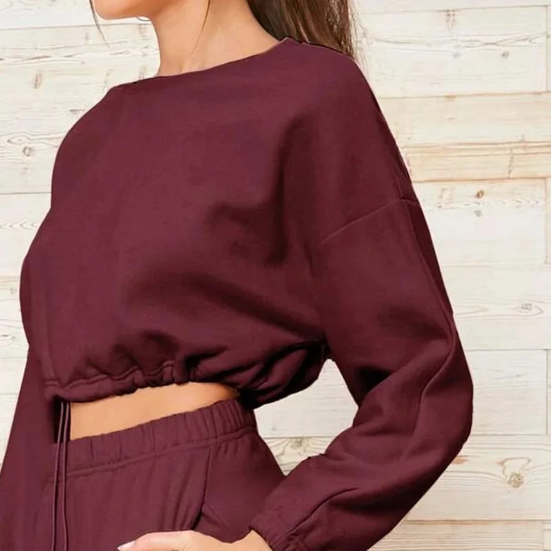 

Maternity Solid Round Neck Loose Set Navel Exposed Long Sleeve Top Sweatpants Fashion Two Piece Women's Suit