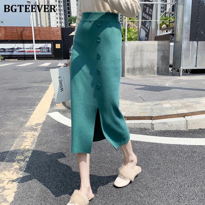 BGTEEVER Женская трикотажная юбка зимняя плотная теплая однотонная с разрезом по