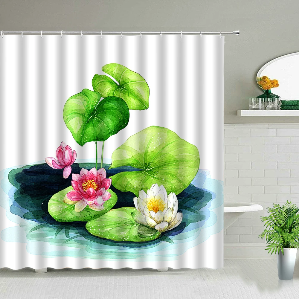 

Waterproof Shower Curtains Chinese Style Flowers Birds Green Bamboo Bathroom Decor Curtain Set 3d Print Bath Screen With Kooks