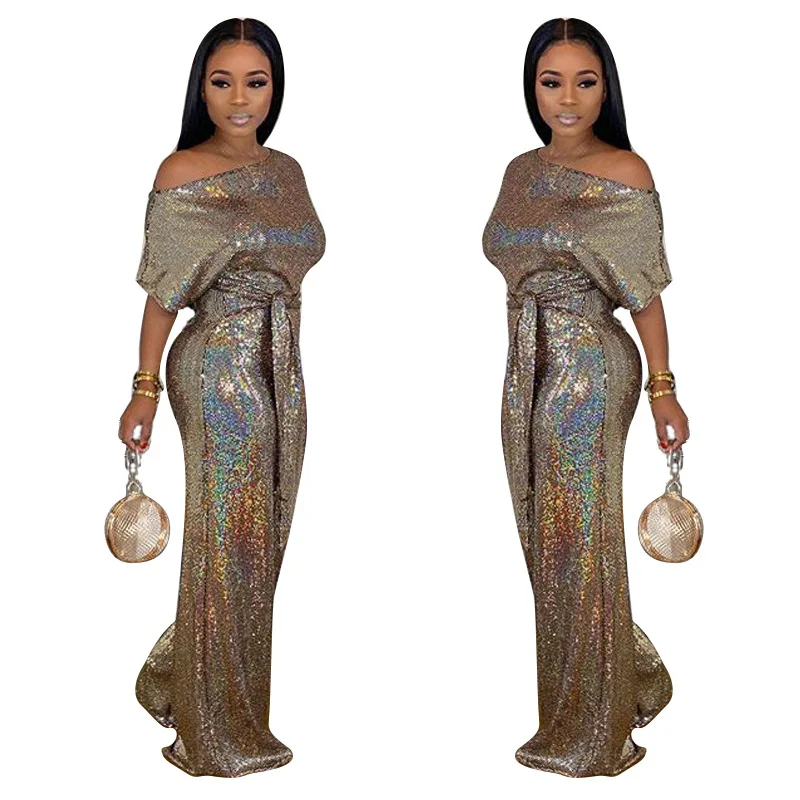 

2020 fashion shiny party women's sequined jumpsuits sexy skew collar short sleeve rompers wide leg pants lace-up fashion overall
