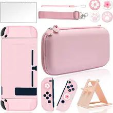 10 in 1 Pink Travel Bundle Case Portable Bag for Nintendo Switch with Hard Protective Cover Glass Screen Protector Ultra-thin