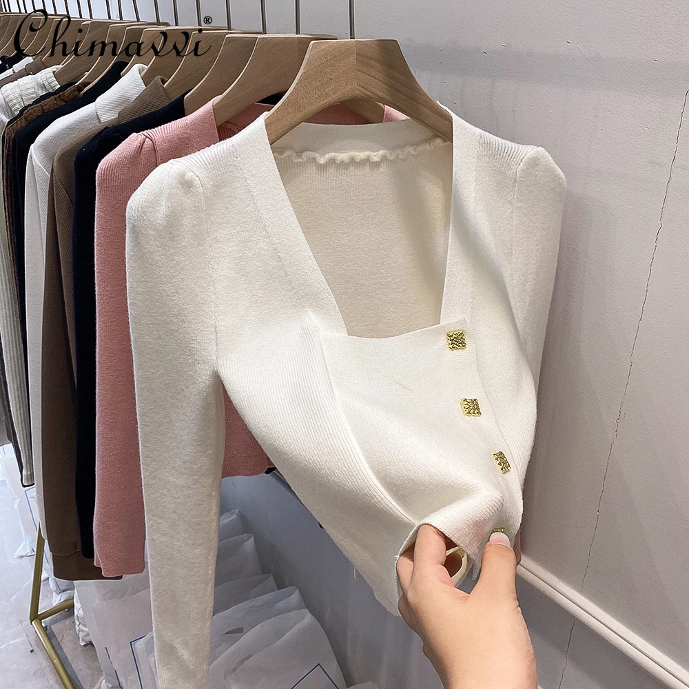 

Ladies French Style Fashion Elegant Square Collar Knitwear Women 2021 Autumn New Simple Solid Slim Fit Short Sweater Cardigan