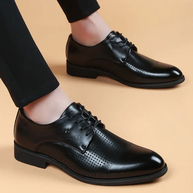

Туфли мужские кожаные, мягкие удобные, заостренный носок, на шнуровке, Повседневная Деловая обувь на плоской подошве, 02C, лето