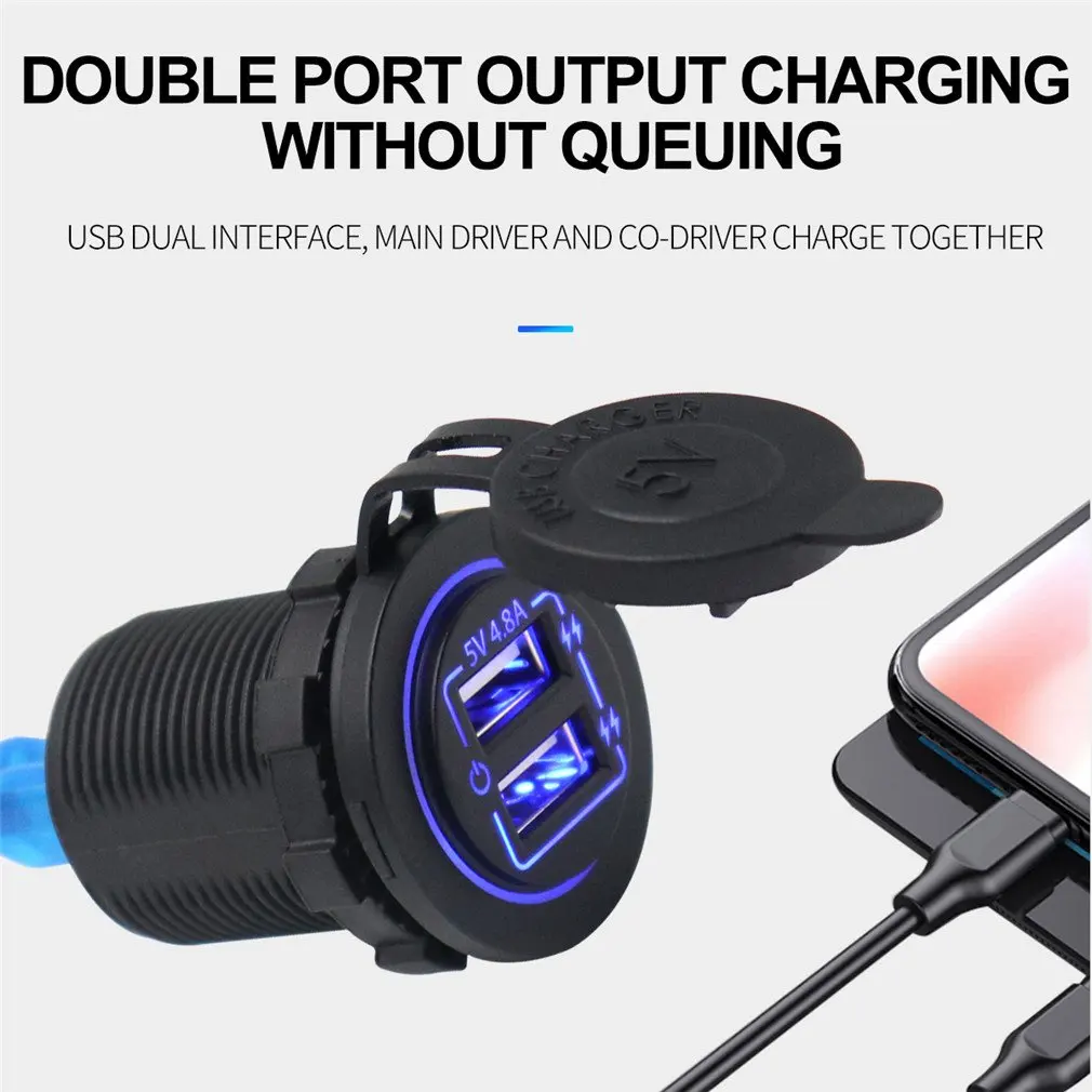 

AS234L Engraving Dual Port Input USB Car Charger Socket 4.8A 5V with Blue Light Touch Button Switch for Car Boat DC12/24V