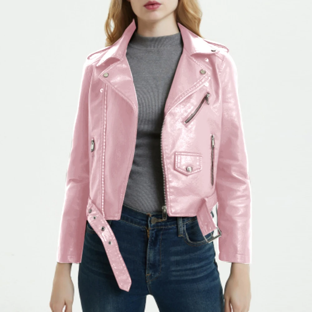 pink OEAK, брендовые зимние осенние мотоциклетные кожаные куртки, желтая кожаная куртка, женское кожаное пальто, тонкая куртка из искусственной кожи - Цвет: pink