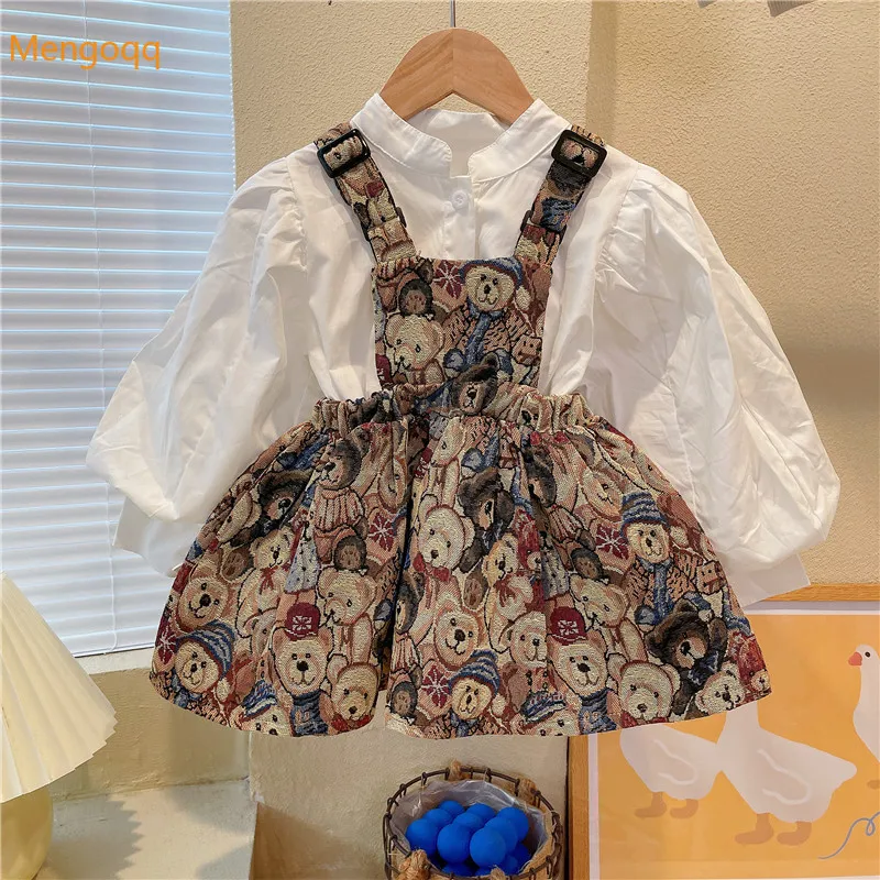 

Детские осенние однотонные рубашки с длинным рукавом и принтом животных, платье на бретелях, комплект детской одежды из 2 предметов