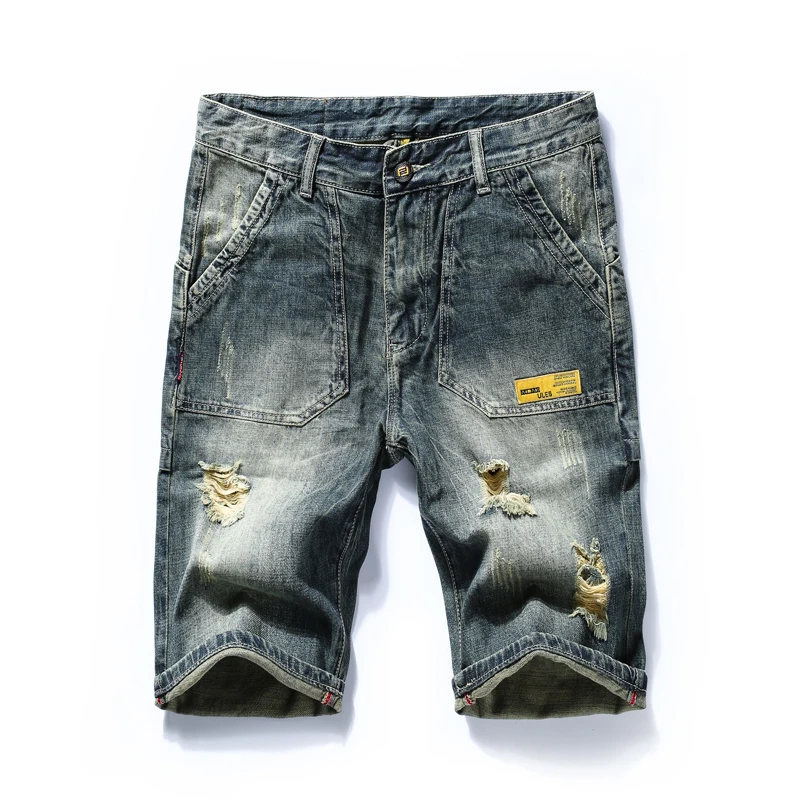 

2021 Summer High Quality Cotton Loose Straight Denim Shorts Creative Patch Hole Trend Brand Men's Large Size Fashion Jeans