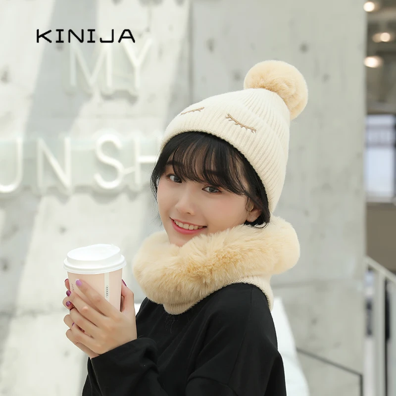 Зимние толстые связан из шерсти помпоны меха шапочка кролик Балаклава осень