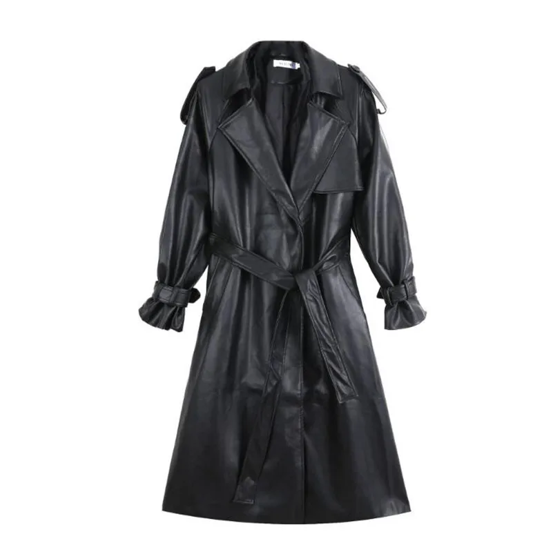 Fashion Long black leather trench coat for women long sleeve belt lapel Women fashion 2021 Luxury spring British Style outerwear