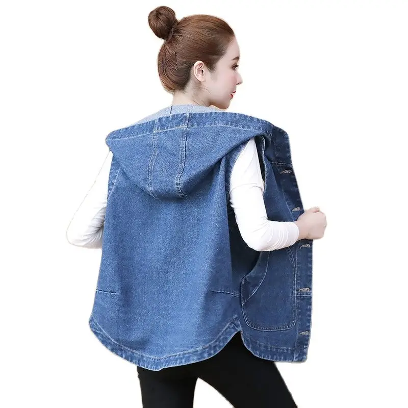 

2021 Spring and Summer Korean version plus size 4XL denim vest jacket women sleeveless vest hooded waistcoat 377