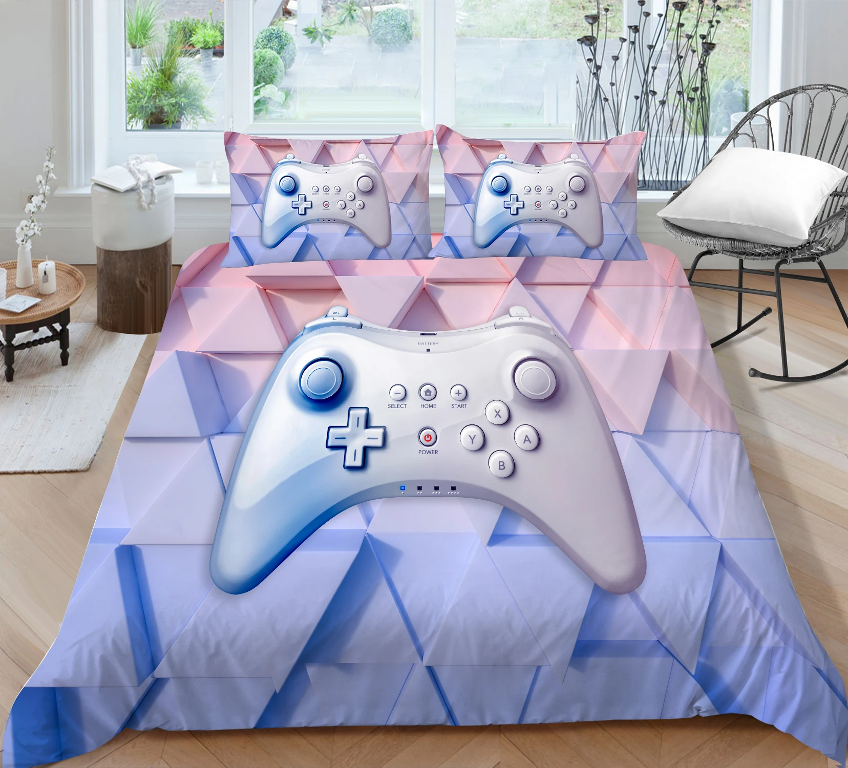 

Pink and Blue Triangle with Gamepad Printing Bedclothes Duvet cover with pillowcases Twin Full Queen King sizes 2/3pcs