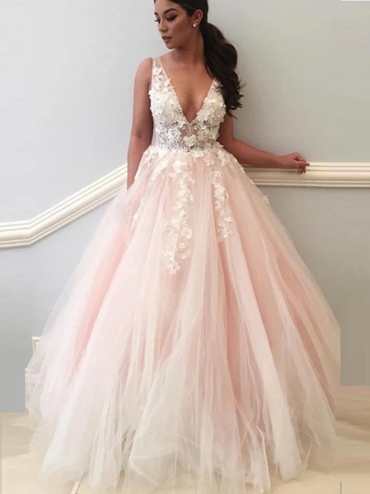 

Prom Dress V-Neck Appliqued Pink Tulle Long Prom Dresses Floor Length Girls Party Gowns Custom Made 2020 Vintage