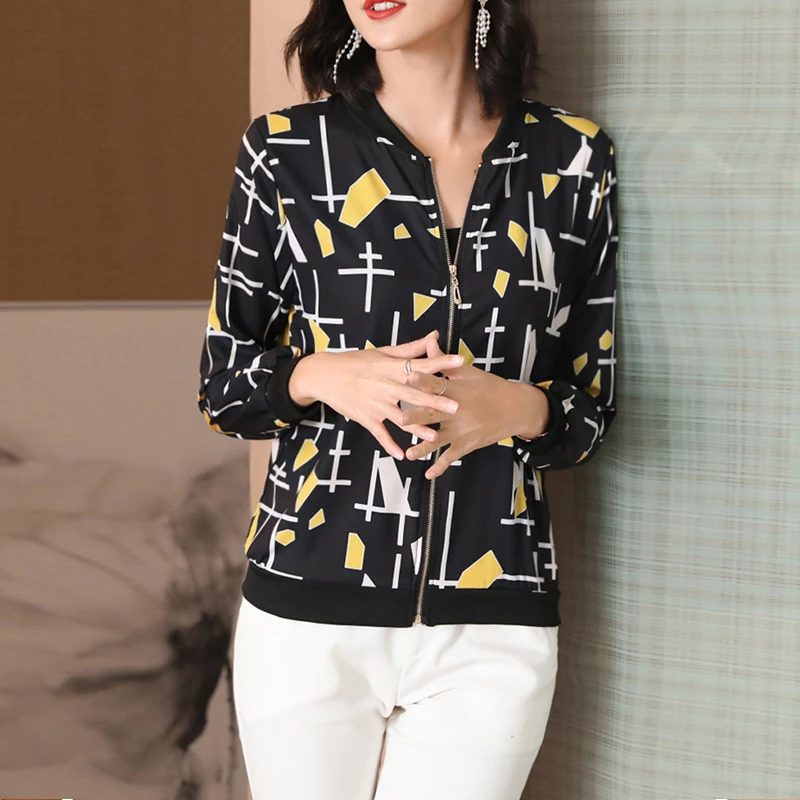 Куртка-бомбер женская с принтом тонкая базовая длинным рукавом Повседневная