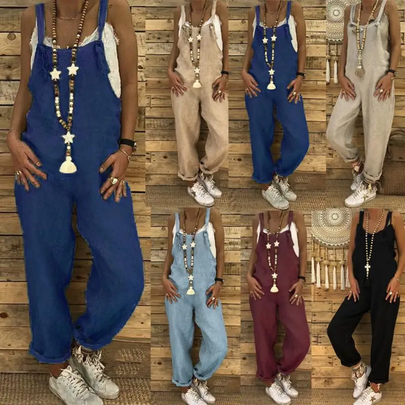 

2021 New Spring and Summer Women's Jumpsuit Loose Plus Size Casual Linen Cotton Lace-Up Decoration Fashionable Jumpsuit