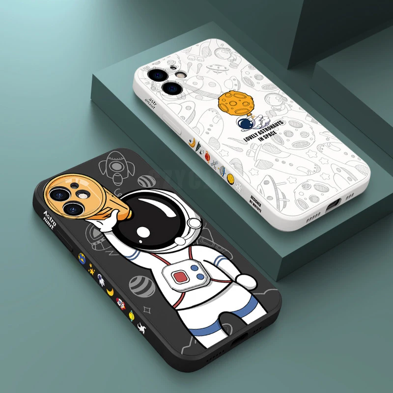 

Cute Astronaut Side Patterns Phone Case For iPhone 11 12 13 14 Pro Max X XS XR 6 7 8 Plus SE 2020 Soft Silicone Shockproof Cover
