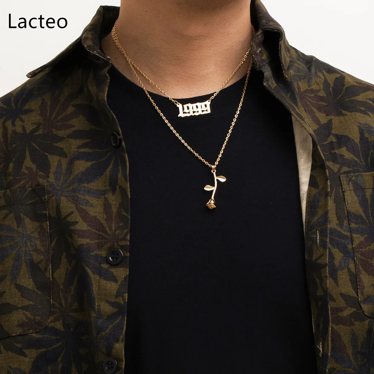 

Lacteo HipHop Vintage Letter Rose Flower Pendant Necklace For Women Punk Double Layer Clavicle Chain Charm Necklace Jewelry Gift