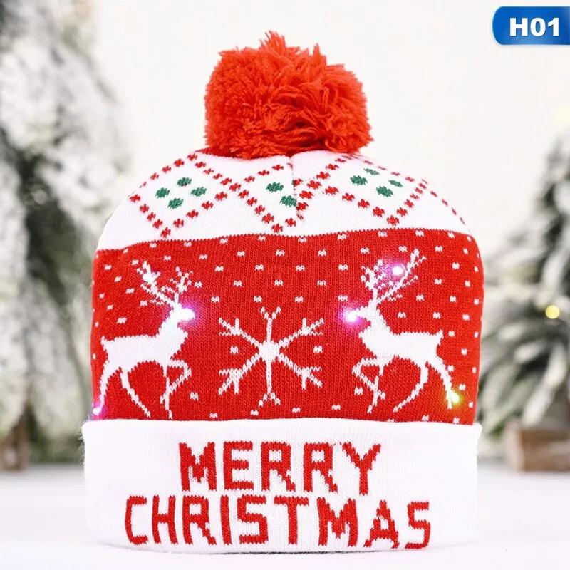 

New Year LED Knitted Christmas Hat Beanie Light Up Illuminate Warm Hat For Kids Adults New Year Christmas Decor