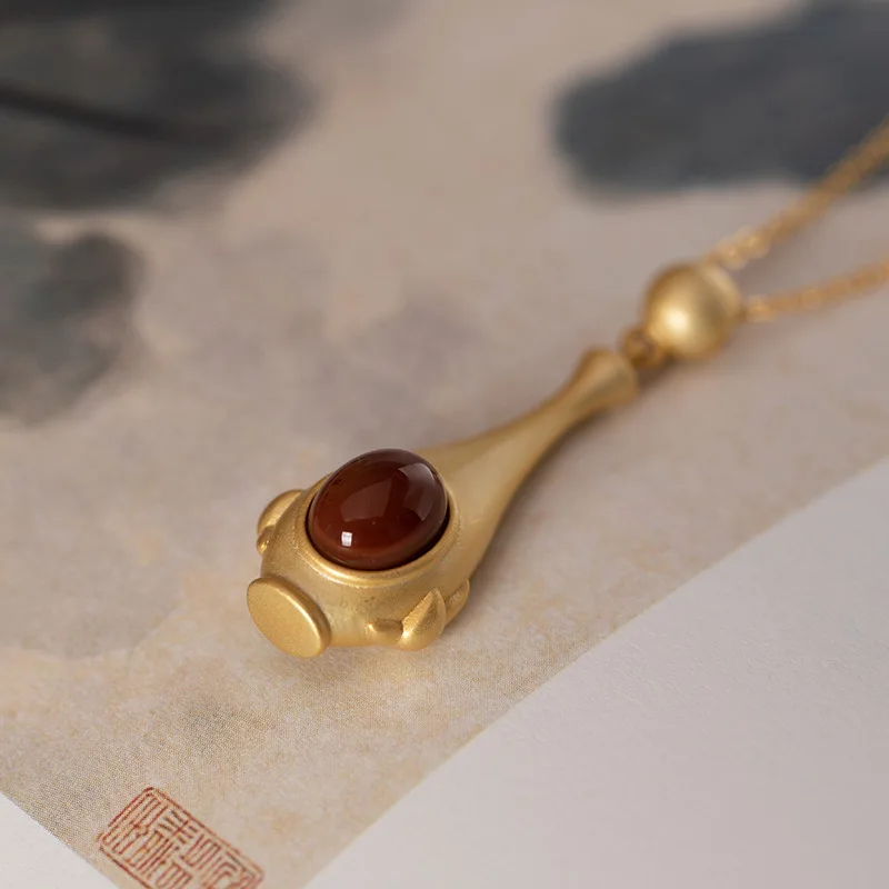 Женское колье с подвеской из настоящего серебра 925 пробы и 18 К золота агатом