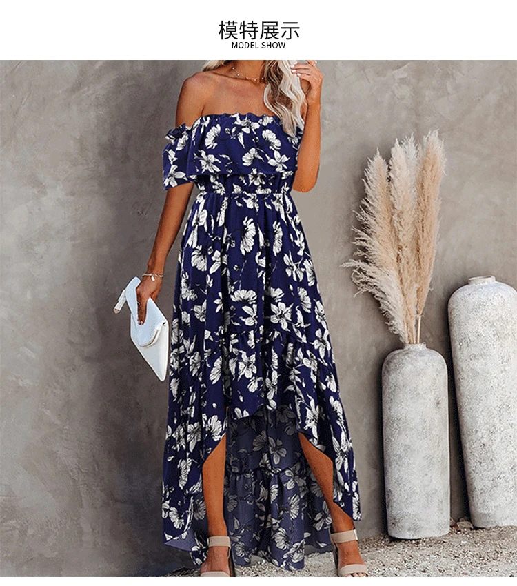 

Popular Women Pleated Print Sleeveless Folds Mid-calf Off The Shoulder Dropped Slash Neck Natural Fiber Party Dress Robe Long