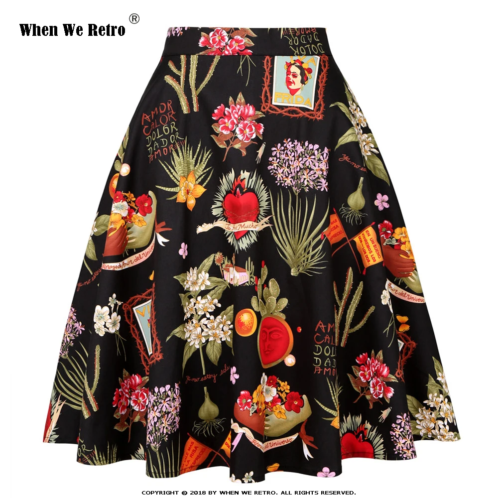 

When We Retro 50s 60s Vintage Skirt Women Sexy Floral Print High Waist A Line Swing Black Female Flare Skirt VD0020