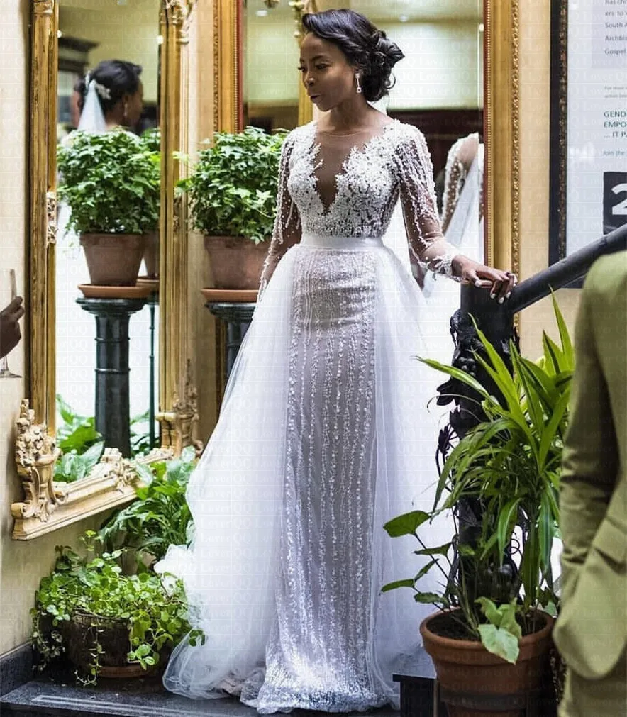 

African Lace Long Sleeves Mermaid Wedding Dress 2022 with Detachable Train Luxury Beaded Arabic Wedding Bridal Gowns