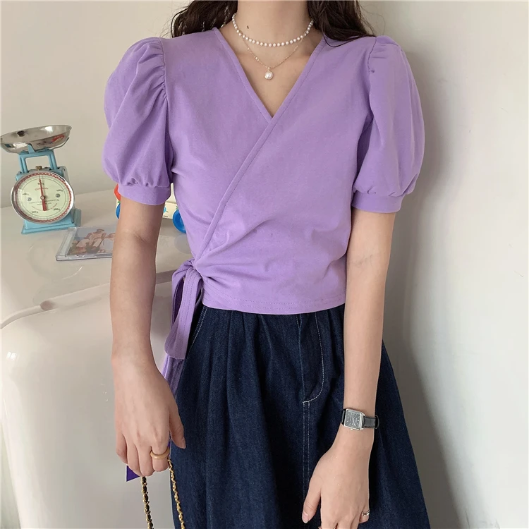 

Korean Puff Short Sleeve T Shirt for Women Clothing Summer New Fashion Brand Solid Tees V-neck Hipster Bandage Crop Tops Slim