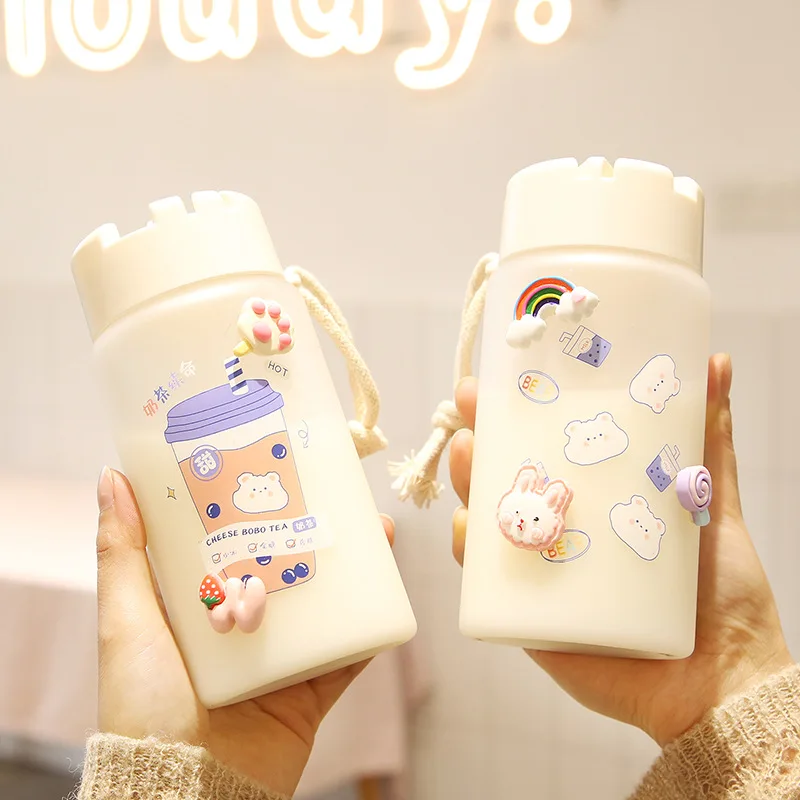 

400ml Cartoon Plastic Frosted Cup with Rope and Free 3D Decorations Mobile Phone Holder Cover Cute Water Bottle Kawaii Drinkware