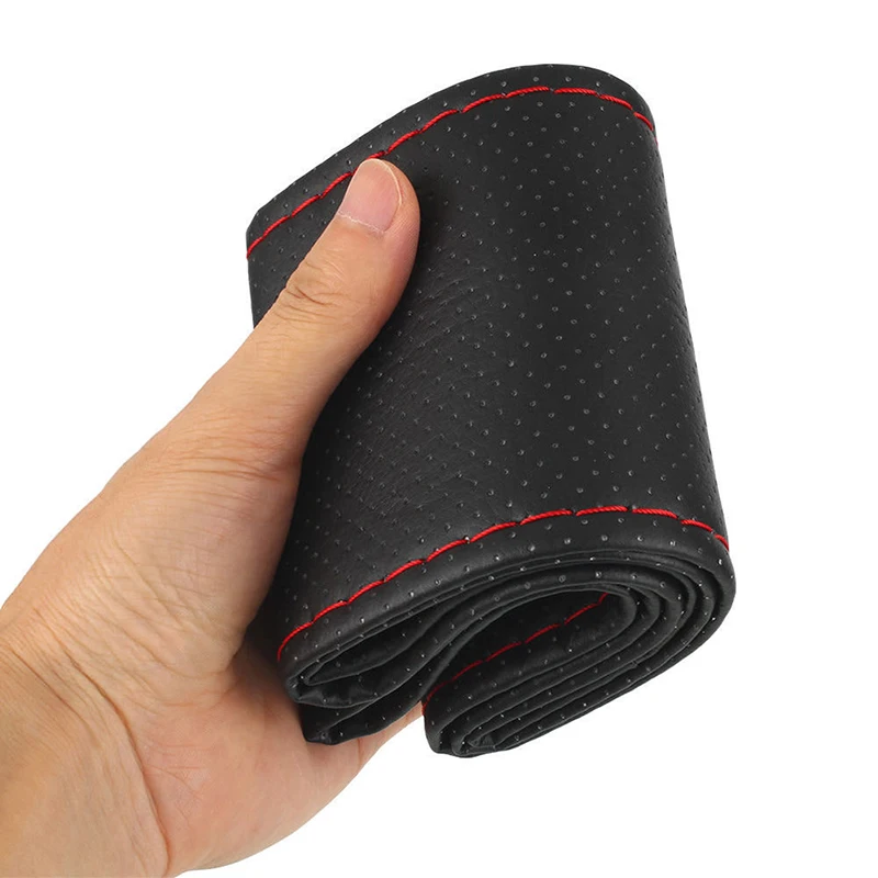 Черный + красный PU кожаный чехол для рулевого колеса автомобиля 38 см с иглой и