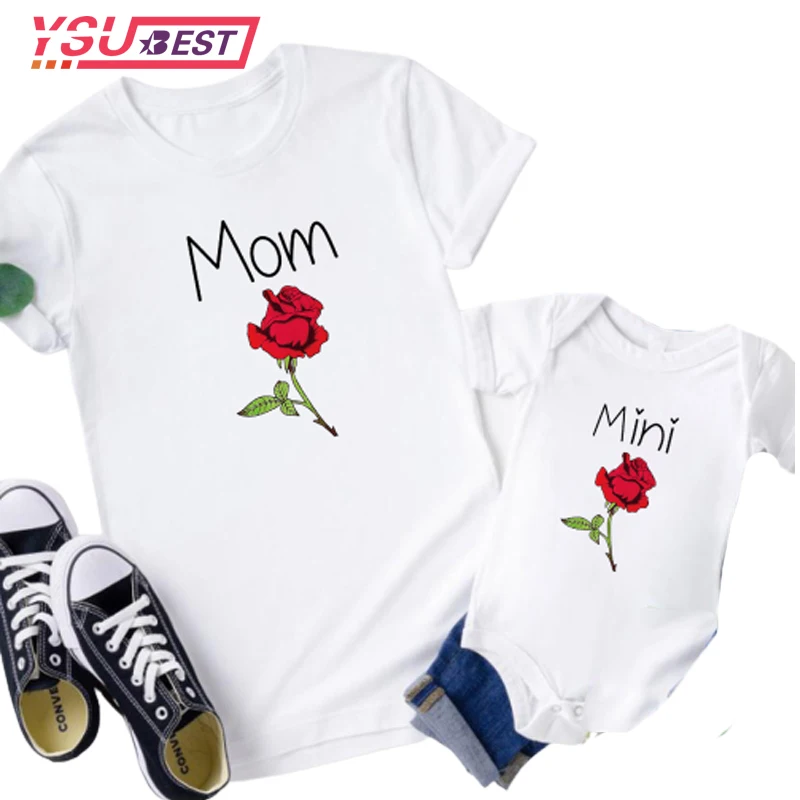 Ropa a juego para madre e hija, Mini camiseta rosa, camiseta de flores para beb&eacute;, ropa de manga corta, Top bonito de verano-0