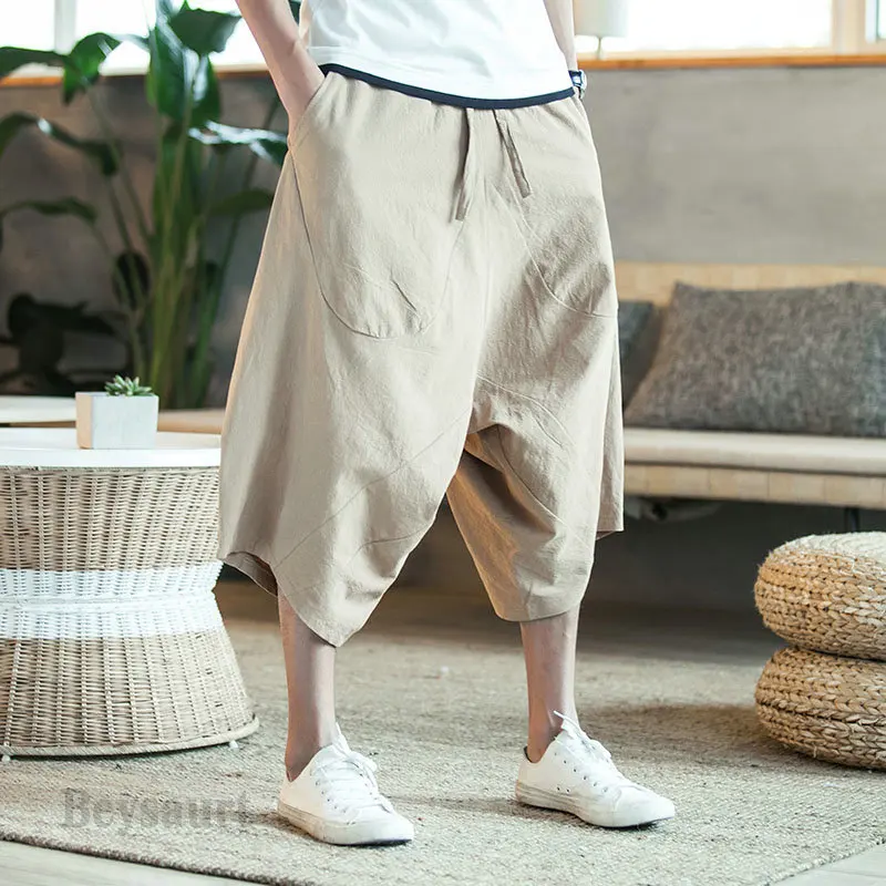 

Men Pants Men's Wide Crotch Harem Pants Loose Large Cropped Trousers Wide-legged Bloomers Chinese Style Baggy Pants Men