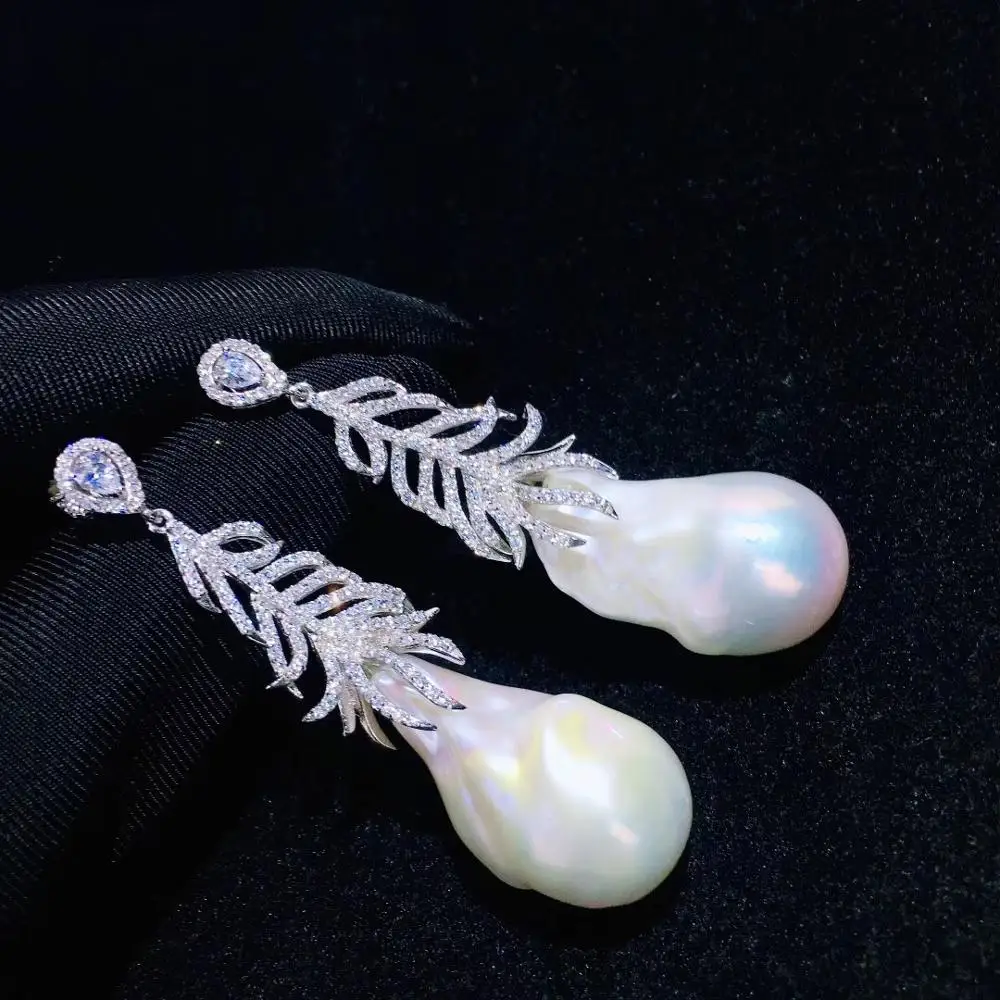 Женские серьги с пресноводным белым жемчугом Keshi посеребренные перьями и