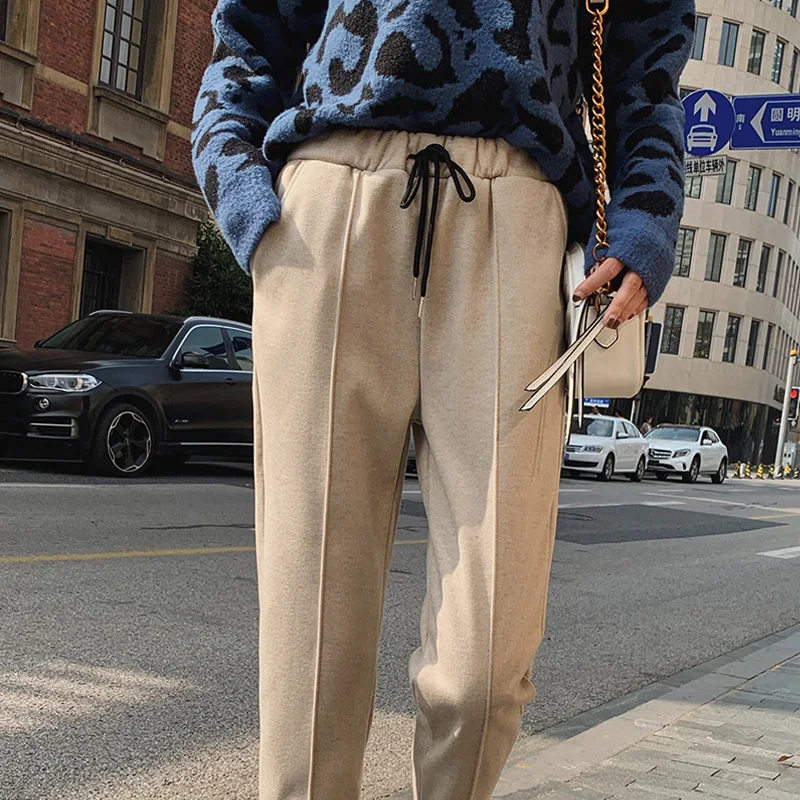 Плотные Теплые повседневные шерстяные брюки женские с эластичным поясом осень и