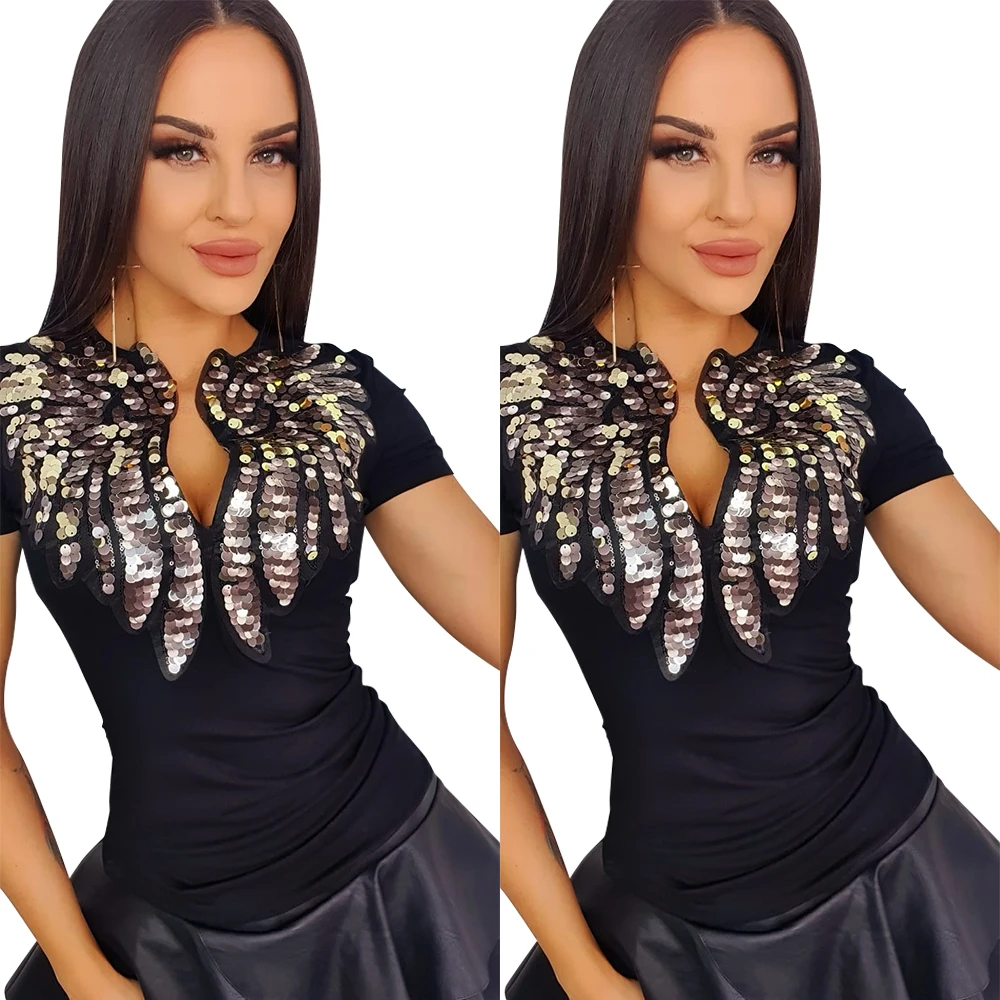 

New Fashion Sequin Wings Print Women Splice T Shirts Casual Summer Tops Short Sleeve Sequins Night Club Party T-shirts 2021 D30