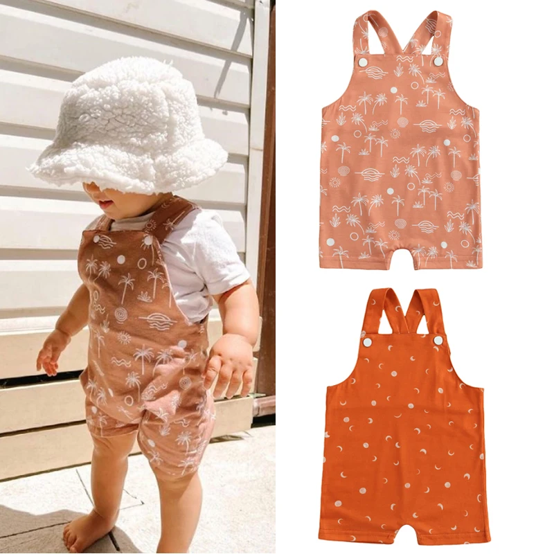 

0-3Y Summer Kids Girls Boys Rompers Sun Moon/Tree Print Sleeveless Suspenders Jumpsuit 2 Colors