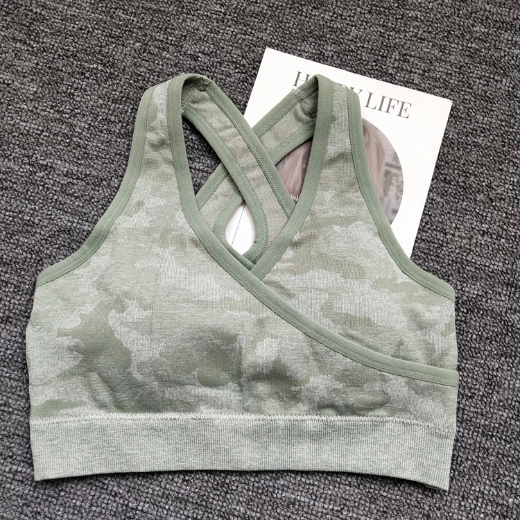CB1094 green bra Зимний укороченный Топ с длинным рукавом, камуфляжный комплект для йоги, спортивная одежда для женщин, одежда для спортзала, фитнеса, Леггинсы для йоги+ спортивный бюстгальтер, спортивный костюм для женщин - Цвет: CB1094 green bra
