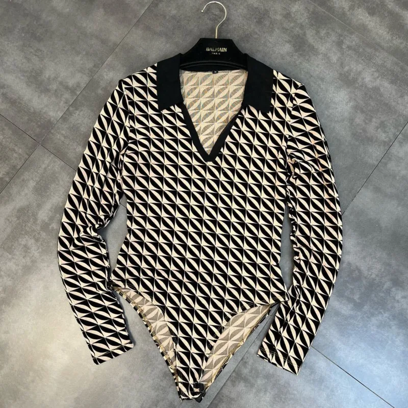 

PREPOMP 2022 Winter New Arrival Polo Collar V Neck Geometric Print Sexy Bodysuits Women Jumper GD324