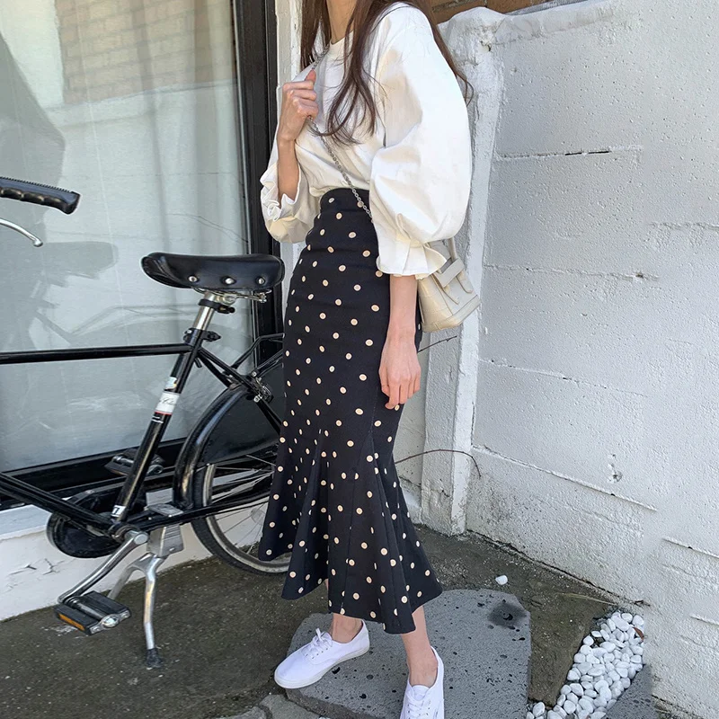 

MATAKAWA Summer Polka Dot Skirt Bodycon Trumpet / Mermaid Vintage Lady Skirts High Waist Slim Kawaii Jupe Longue